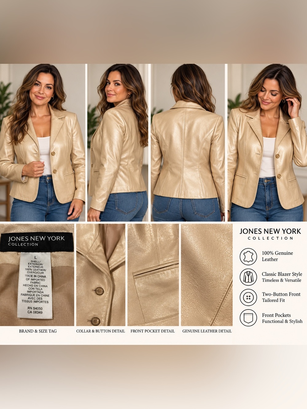 Jones New York Collection Women’s L Genuine Leather Metallic Gold Blazer Jacket